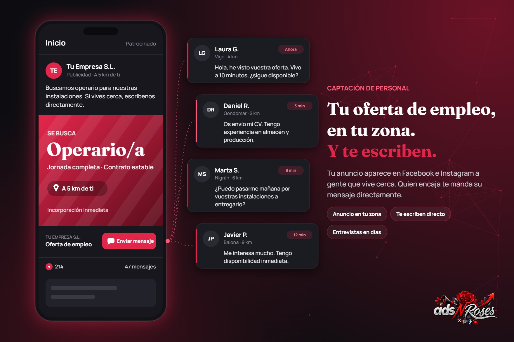 Anuncio de oferta de empleo de operario en Facebook e Instagram y candidatos de la zona enviando mensajes a la empresa